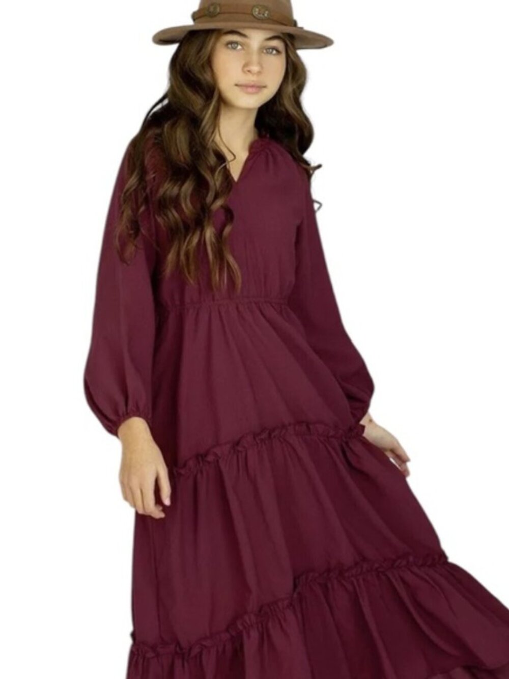 Mia Joy by Joyfolie Burgundy Red Tiered Peasant Dress Girls Size 10 Long Sleeve